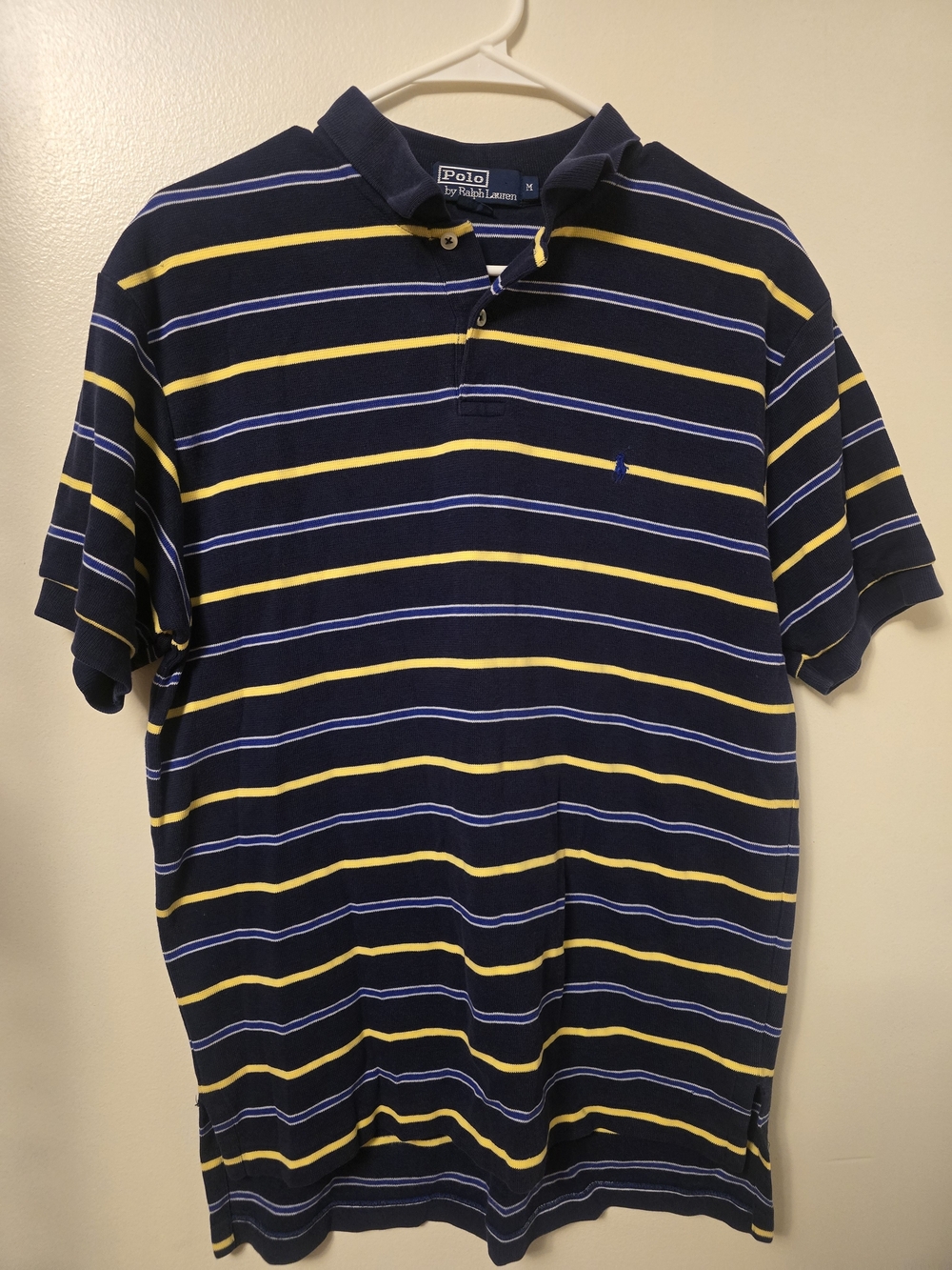 Ralph Lauren Navy Polo with Yellow & Light Blue Stripes #390